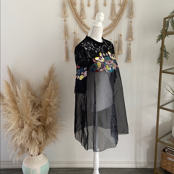 Beautiful black organza overlay babydoll sheer dress embroidered lace butterfly - Picture 8 of 16